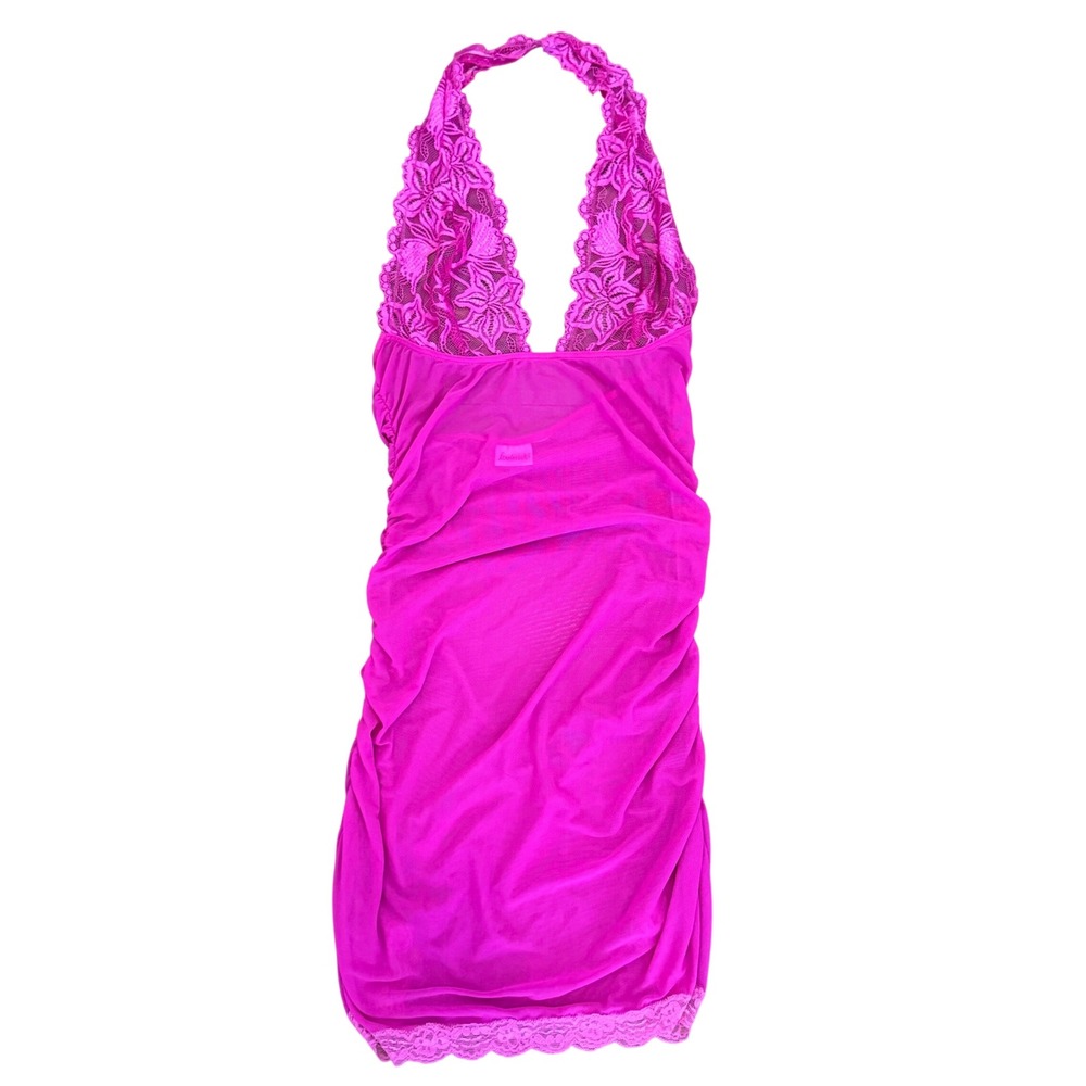 Fredericks of Hollywood Fuchsia Pink Lace Halter Ruched Mesh Chemise Nightie
